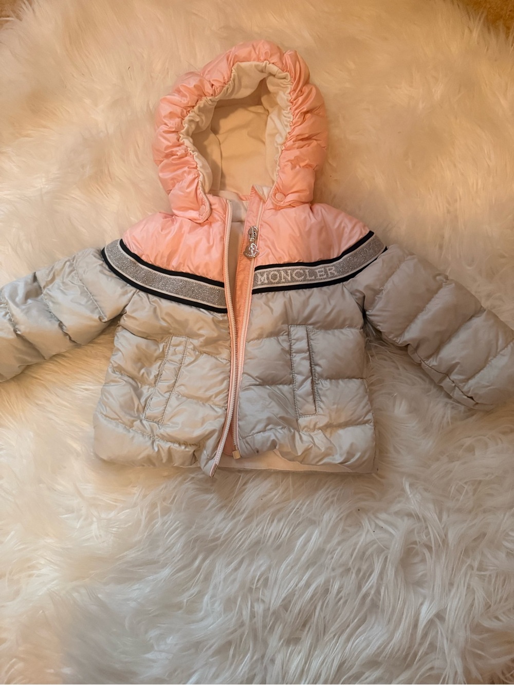 Moncler Kids Pink and Light Gray Hooded Puffer Jacket